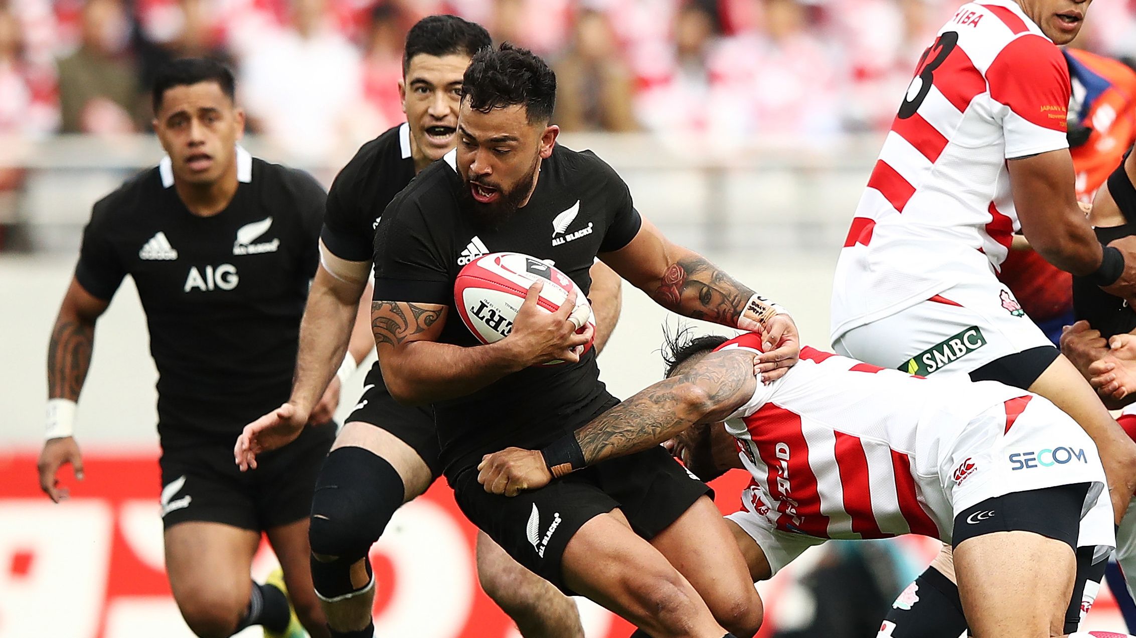 Matt Proctor (pictured with ball) made one start for the All Blacks in 2018 against Japan.