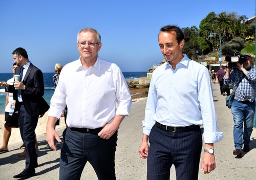 Prime Minister Scott Morrison and Liberal Party candidate for Wentworth Dave Sharma during a visit to Bronte Beach in Sydney.