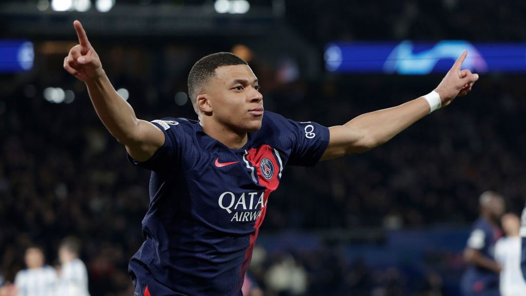 Kylian Mbappe of Paris Saint Germain celebrates at the Parc des Princes.