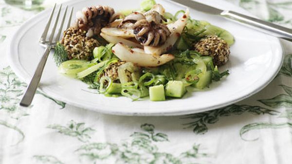 Cuttlefish with green tomato, mint and labne