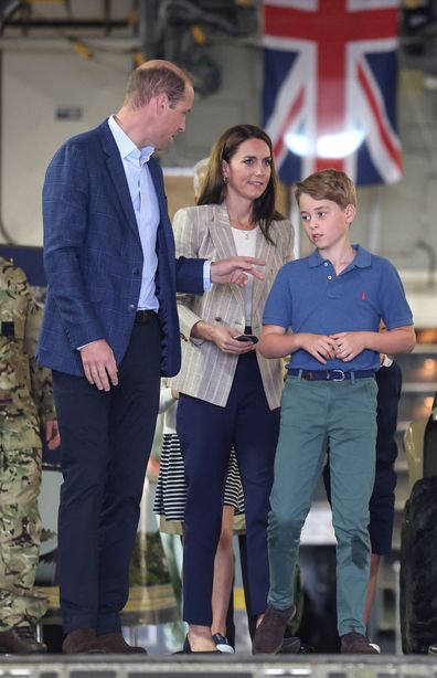Britain's Prince William, Prince of Wales and Catherine, Princess of Wales with Prince George of Wales as they walk down the ramp of a C17 place during their visit to the Air Tattoo at RAF Fairford on July 14, 2023 in Fairford, Britain.      Chris Jackson/Pool via REUTERS