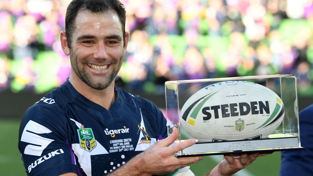 Melbourne Storm players repay Cameron Smith for 350 NRL game effort with crushing win over Manly