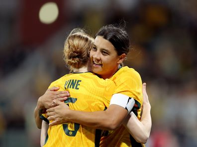 Samantha Kerr of the Matildas celebrates with team mates after scoring a goal during the AFC Women's Asian Olympic Qualifier match between Australia Matildas and IR Iran at HBF Park on October 26, 2023 in Perth, Australia.