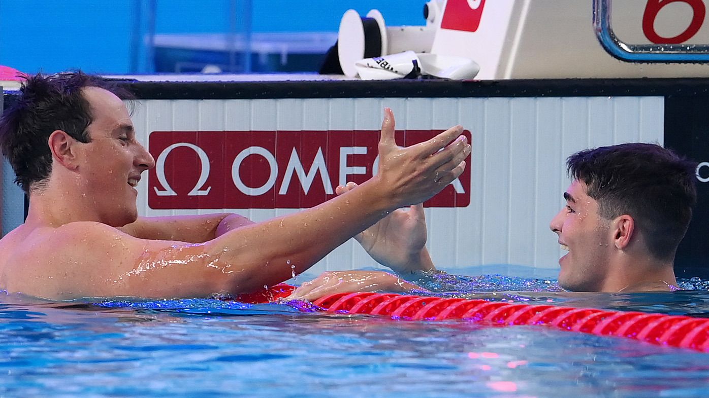 Cameron McEvoy greets Diago Matos Ribeiro.