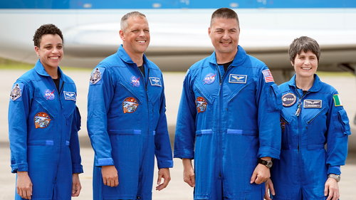 NASA "Crew4" astronauts, from left, mission specialist, Jessica Watkins, pilot Bob Hines, commander, Kjell Lindgren and mission specialist, European Space Agency astronaut Samantha Cristoforetti, of Italy, arrive at the Kennedy Space Center in Cape Canaveral.(AP Photo/John Raoux)
