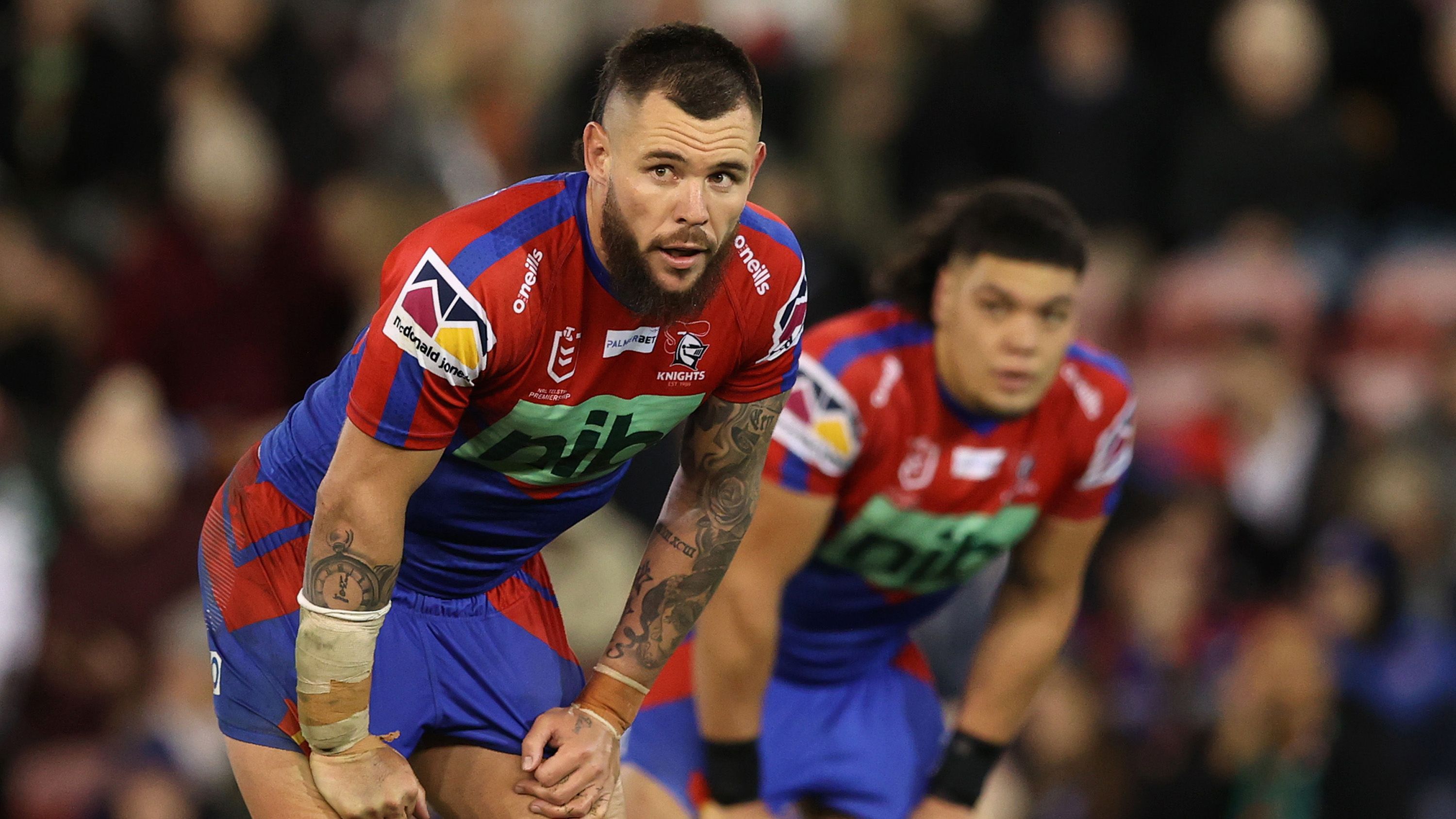 David Klemmer of the Knights during the round 17 NRL match between the Newcastle Knights and the South Sydney Rabbitohs at McDonald Jones Stadium, on July 08, 2022, in Newcastle, Australia. (Photo by Ashley Feder/Getty Images)