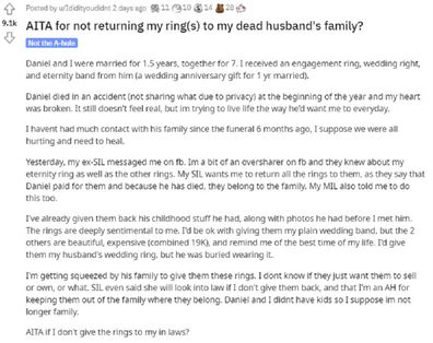 Grieving wife in laws ask for rings back on Reddit