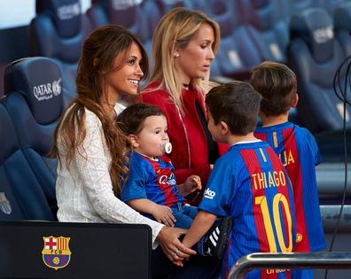 Sofia Balbi (R) wife of Luis Suarez and Antonella Roccuzzo, wife of Lionel Messi prior the La Liga match between FC Barcelona and Villarreal CF at Camp Nou Stadium on May 6, 2017 