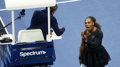 Serena Williams argues with the chair umpire Carlos Ramos during a match against Naomi Osaka