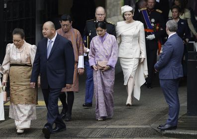 (L-R) Queen Nanasipau'u of Tonga and King Tupou VI of Tonga, King Jigme Khesar Namgyel Wangchuck of Bhutan, Queen Jetsun Pema of Bhutan, Albert II, Prince of Monaco and Charlene, Princess of Monaco atten the Coronation of King Charles III and Queen Camilla on May 06, 2023 in London, England.  