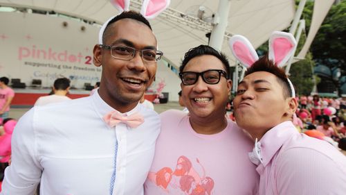 Participants in Singapore dress in various shades of pink with props, pose for a photo during the 'Night Pink Dot' event. 