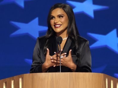 CHICAGO, ILLINOIS - AUGUST 21:  Actress Mindy Kaling speaks on stage during the third day of the Democratic National Convention at the United Center on August 21, 2024 in Chicago, Illinois. Delegates, politicians, and Democratic Party supporters are in Chicago for the convention, concluding with current Vice President Kamala Harris accepting her party's presidential nomination. The DNC takes place from August 19-22.   (Photo by Alex Wong/Getty Images)