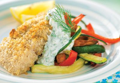 Fish and vegie chips with caper yoghurt