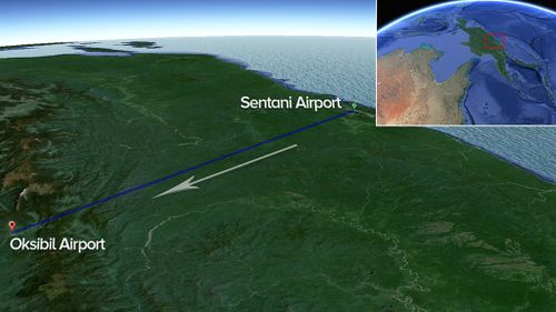 The plane carrying 49 passengers and five crew went missing between Sentani Airport and Oksibil Airport. (Google Earth)