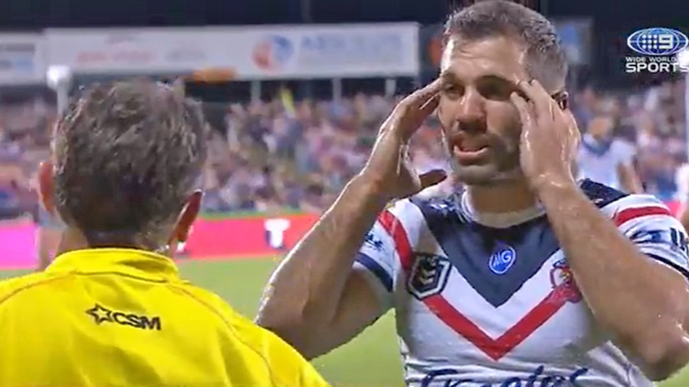 James Tedesco protests to referee Gerard Sutton