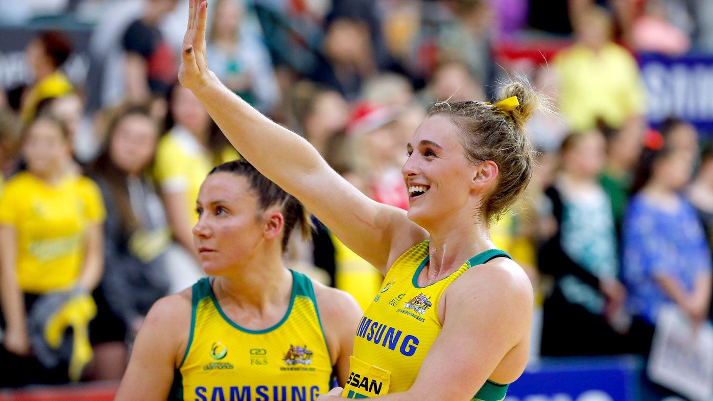 Gabi Simpson of the Diamonds waves to the crowd after the Netball Quad Series match against the England Roses.