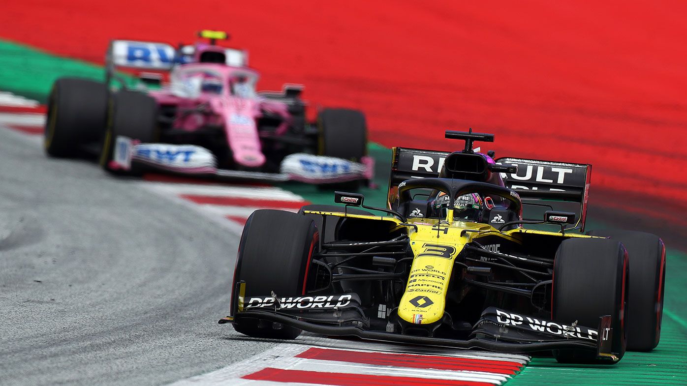 Daniel Ricciardo&#x27;s Renault leads Lance Stroll in the Racing Point during the Styrian Grand Prix.