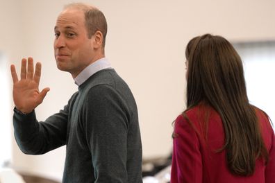 Kate, Princess of Wales, and Prince William wave after a visit to Windsor Foodshare in Windsor, Thursday, Jan. 26, 2023