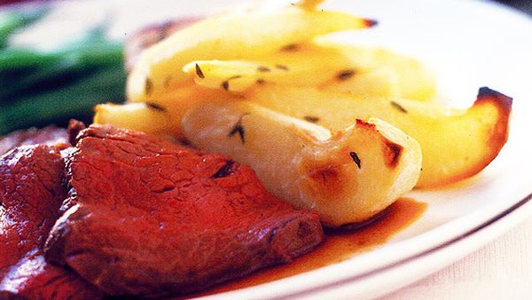 Roasted pears and parsnips with beef fillet