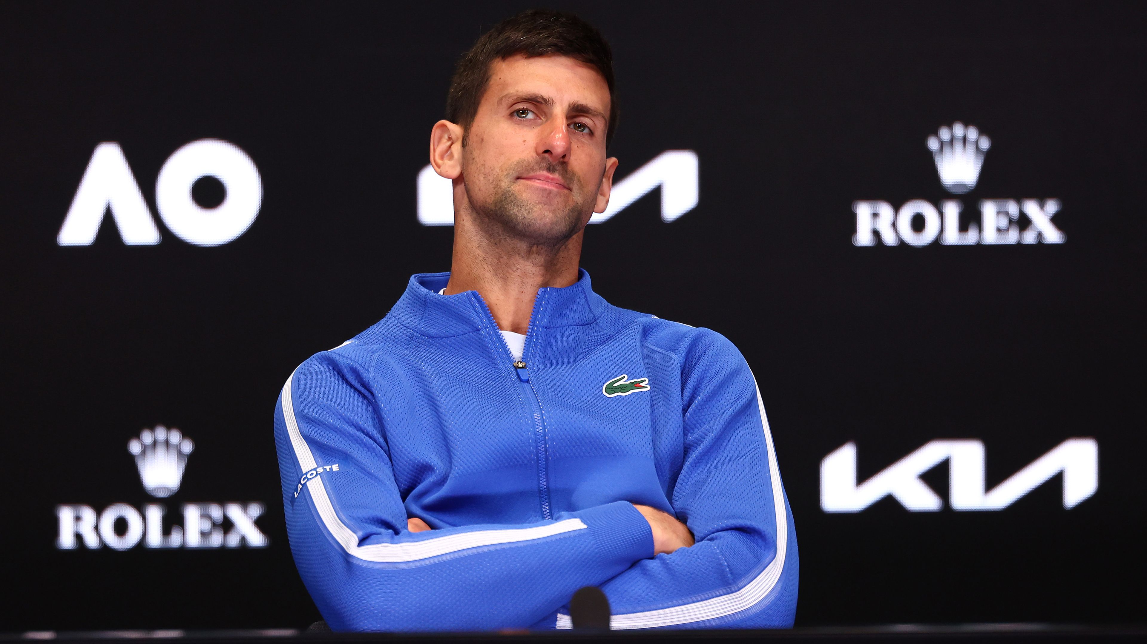 MELBOURNE, AUSTRALIA - JANUARY 26: Novak Djokovic of Serbia talks to the media at a press conference following his semifinal singles match loss against Jannik Sinner of Italy during the 2024 Australian Open at Melbourne Park on January 26, 2024 in Melbourne, Australia. (Photo by Graham Denholm/Getty Images)
