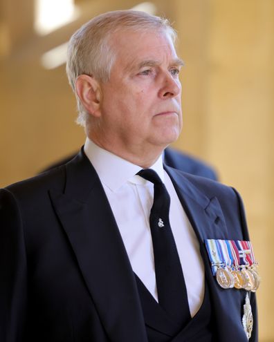 Prince Andrew, Duke of York during the funeral of Prince Philip, Duke of Edinburgh at Windsor Castle on April 17, 2021 in Windsor, England