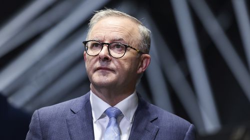 Opposition Leader Anthony Albanese addresses the media at a doorstop interview during a visit to the Smart Energy Council conference and exhibition, in Sydney, NSW, on Thursday 5 May 2022. fedpol ausvotes22 Photo: Alex Ellinghausen