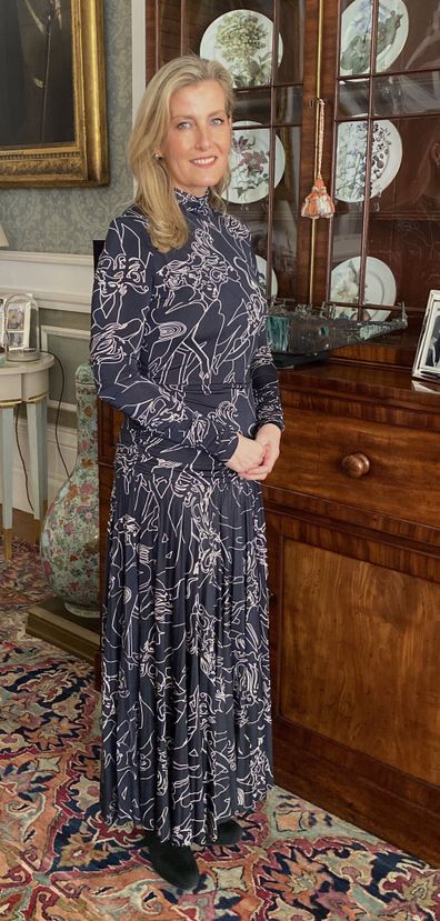 Sophie, Countess of Wessex wears a printed Victoria Beckham dress for video chat with British Fashion Council during London Fashion Week