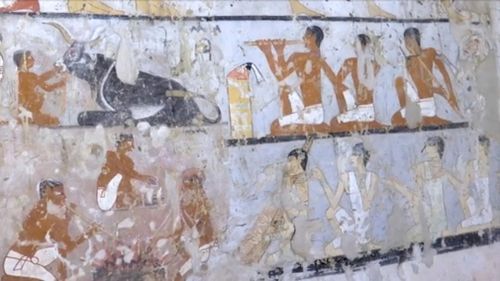 Wall paintings inside the 4400-year-old tomb. (AAP)