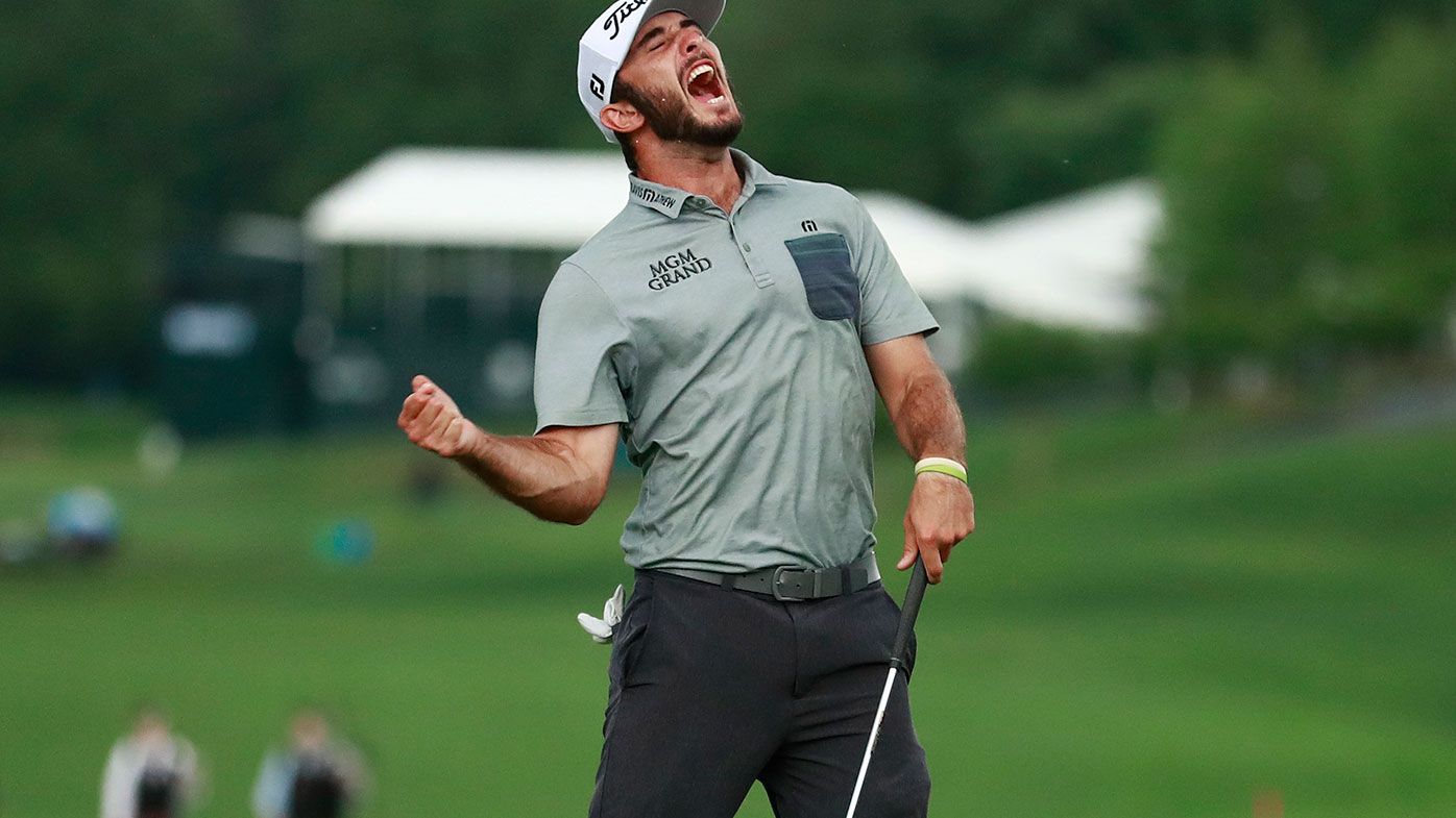 Max Homa reacts after winning the Wells Fargo Championship