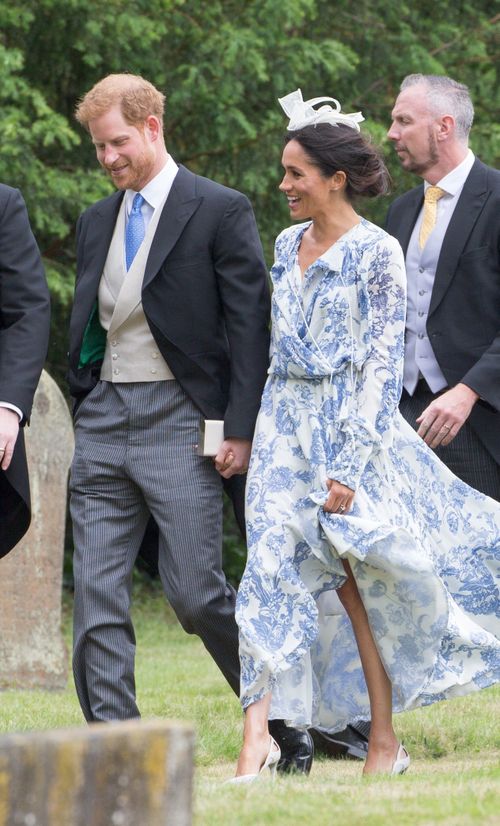 Meghan wears Oscar de la Renta frock to wedding of Harry's cousin. Picture: Splash