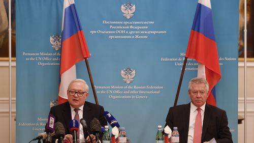 Sergei Ryabkov, Russia's deputy foreign minister, left, and Gennady Gatilov, Russia's deputy foreign minister, during a news conference in Geneva. 