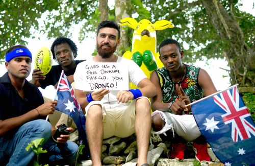 Shamindan Kanapathi (left), who has spent five-and-a-half years on Manus and Abdul Aziz Muhamat (second from left), Amin Abofotila (second from right) and  Omar Mohommed Jack, who have all spent six years on Manus.