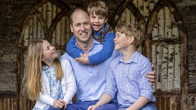 William, the Prince of Wales, sits with his children Princess Charlotte, Prince Louis and Prince George, right, Saturday June 17, 2023, ahead of Father's Day. (Millie Pilkington/Kensington Palace via AP)