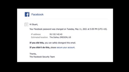 The notification Stuart Carr received from Facebook, saying someone in the US had changed his password.