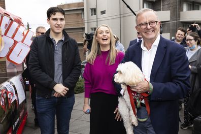 Opposition Leader Anthony Albanese with son Nathan and partner Jodie Haydon after voting at the Marrickville Library, in Sydney, NSW, on Saturday 21 May 2022.  