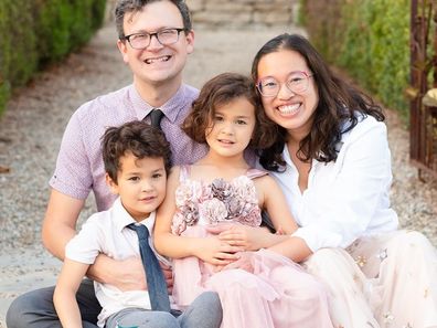Jennifer Chen and husband Brendon with five-year-old twins Chloe and Clark. 