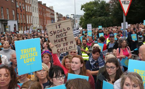People attend a protest against clerical abuse during the Stand4Truth event organised to coincide with the Mass celebtated by Pope Francis in Dublin, Ireland