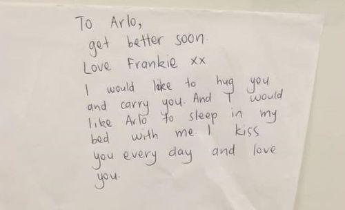 Frankie writes a not for her beloved brother. 