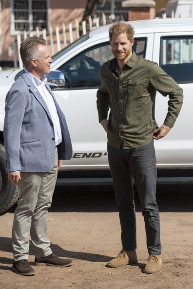 Prince Harry, the Duke of Sussex (right) with CEO of Sentebale Richard Miller during a visit to the Kasane Health Post, run by the Sentebale charity, in Kasane, Botswana. PA Photo. Picture date: Thursday September 26, 2019. See PA story ROYAL Tour. Photo credit should read: Dominic Lipinski/PA Wire