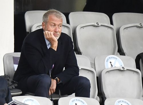 Chelsea soccer club owner Roman Abramovich, right, attends the UEFA Women's Champions League final soccer match between Chelsea FC and FC Barcelona in Gothenburg, Sweden, Sunday, May 16, 2021.