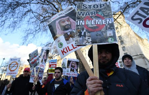 Protesters in London call for an end to the war in Yemen.