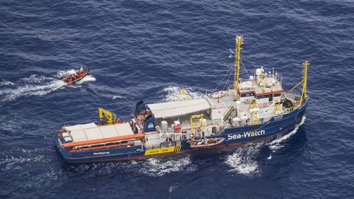 An aerial view of the Sea-Watch 3 vessel during a rescue operation at sea in the Mediterranean, 12 June 2019.