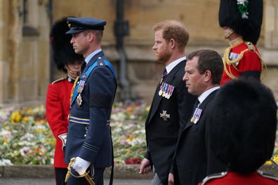Prince William, Prince Harry and Peter Phillips arriving for Committal Service at St George's Chapel, Windsor Castle.