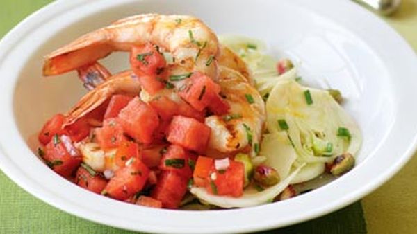 Grilled prawns with fennel salad & watermelon salsa