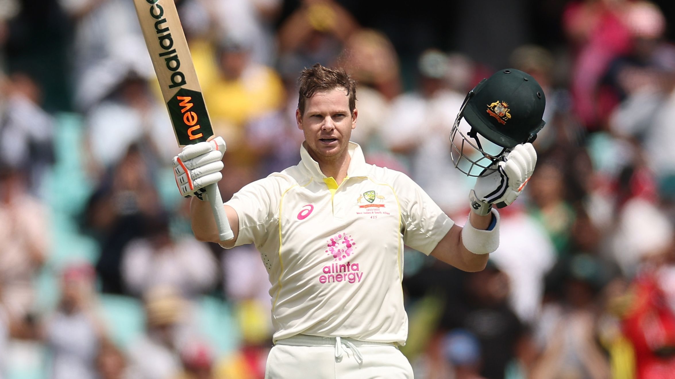Steve Smith of Australia celebrates his century during day two of the Second Test match in the series between Australia and South Africa at Sydney Cricket Ground on January 05, 2023 in Sydney, Australia. (Photo by Cameron Spencer/Getty Images)
