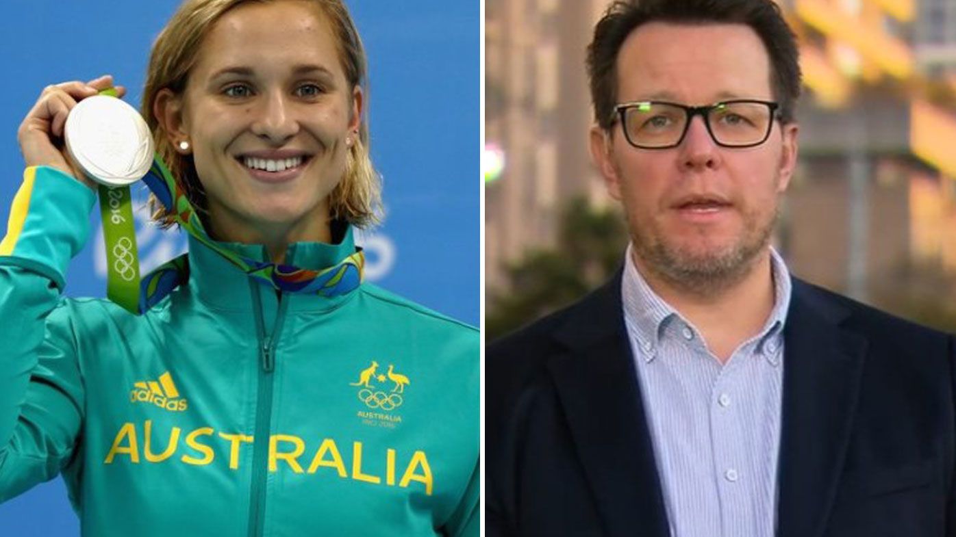 Maddy Groves celebrates her silver medal at the Rio Olympics, and Swimming Australia president Kieren Perkins.