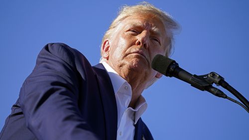 Former President Donald Trump speaks at a campaign rally at Waco Regional Airport, Saturday, March 25, 2023, in Waco, Texas.