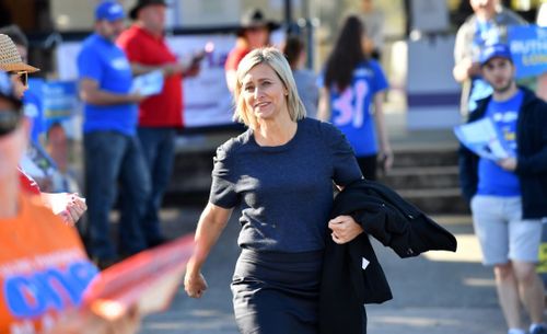 Susan Lamb looked determined at the Longman by-election polling stations. Image: AAP 