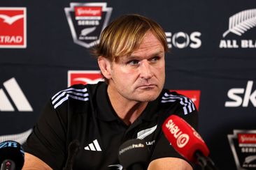Scott Robertson of the All Blacks speaks to the media.