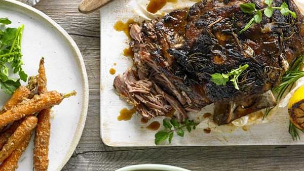 Middle Eastern lamb shoulder with baked tahini carrots and yoghurt dip